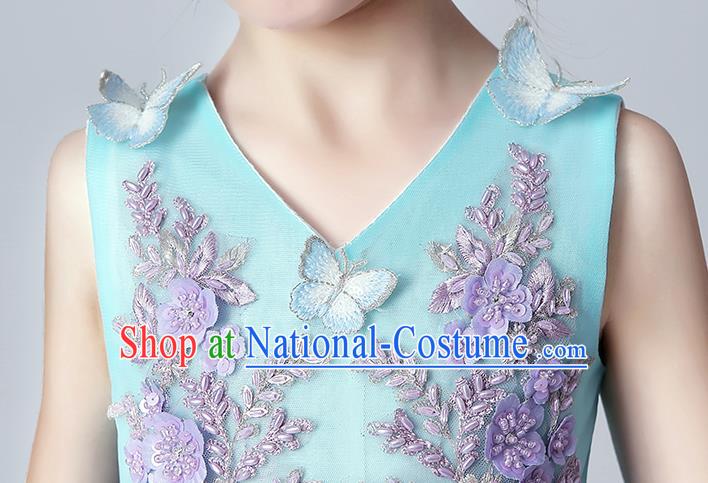 Top Grade Birthday Blue Full Dress Children Compere Costume Stage Show Girls Catwalks Veil Short Dress