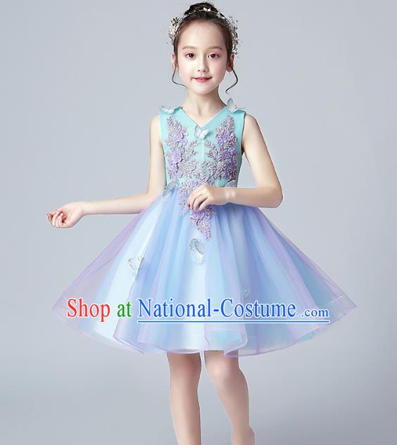 Top Grade Birthday Blue Full Dress Children Compere Costume Stage Show Girls Catwalks Veil Short Dress