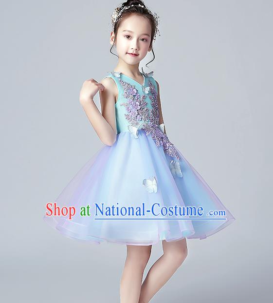 Top Grade Birthday Blue Full Dress Children Compere Costume Stage Show Girls Catwalks Veil Short Dress