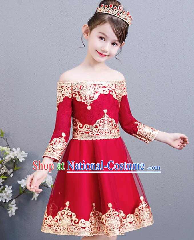 Top Grade Birthday Red Short Full Dress Children Compere Costume Stage Show Girls Catwalks Off Shoulder Dress