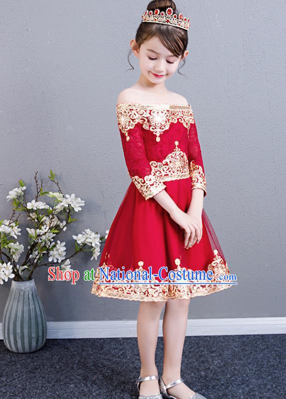 Top Grade Birthday Red Short Full Dress Children Compere Costume Stage Show Girls Catwalks Off Shoulder Dress