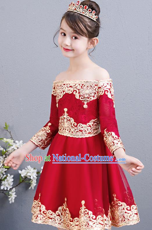 Top Grade Birthday Red Short Full Dress Children Compere Costume Stage Show Girls Catwalks Off Shoulder Dress