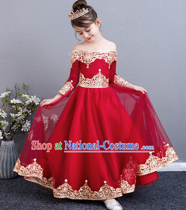 Top Grade Birthday Red Lace Full Dress Children Compere Costume Stage Show Girls Catwalks Off Shoulder Long Dress