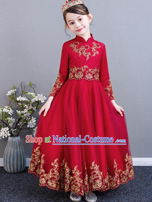 Top Grade Birthday Stand Collar Full Dress Children Compere Costume Stage Show Girls Catwalks Red Lace Long Dress