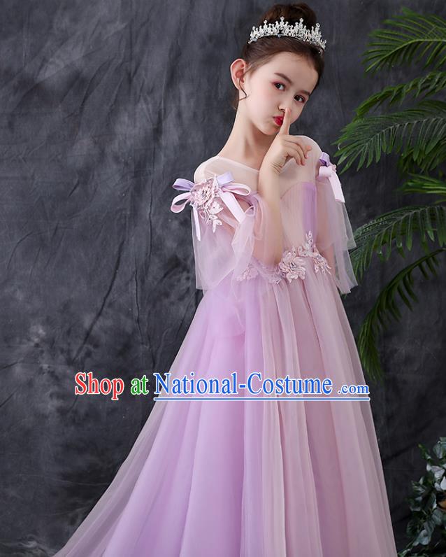 Top Grade Birthday Lilac Full Dress Children Compere Costume Stage Show Girls Catwalks Long Veil Dress