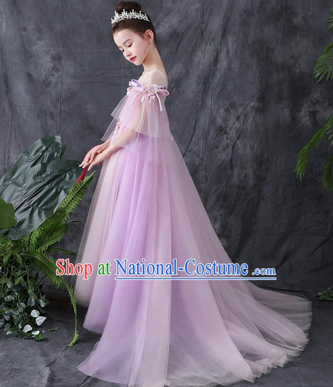 Top Grade Birthday Lilac Full Dress Children Compere Costume Stage Show Girls Catwalks Long Veil Dress