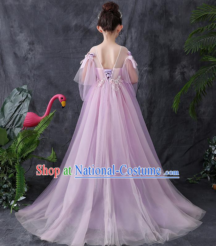 Top Grade Birthday Lilac Full Dress Children Compere Costume Stage Show Girls Catwalks Long Veil Dress