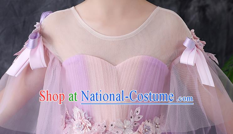 Top Grade Birthday Lilac Full Dress Children Compere Costume Stage Show Girls Catwalks Long Veil Dress