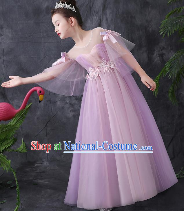 Top Grade Birthday Lilac Full Dress Children Compere Costume Stage Show Girls Catwalks Long Veil Dress