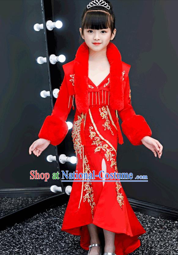 Chinese Traditional Tang Suit Winter Red Qipao Dress Girl Costumes Stage Show Cheongsam Apparels for Kids