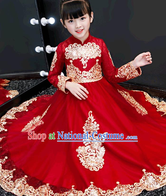 Top Grade Birthday Red Bubble Full Dress Children Compere Costume Stage Show Girls Catwalks Long Dress