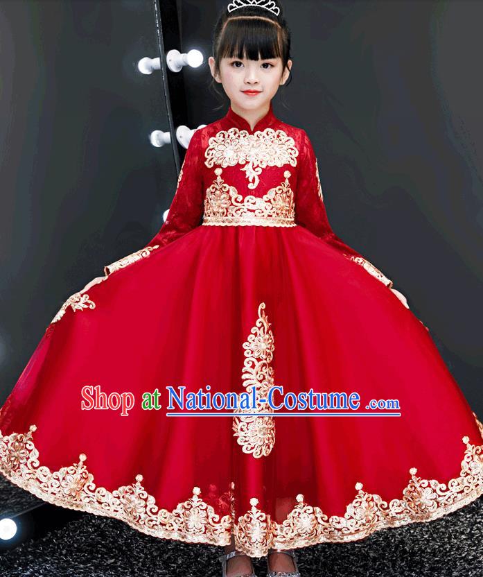 Top Grade Birthday Red Bubble Full Dress Children Compere Costume Stage Show Girls Catwalks Long Dress