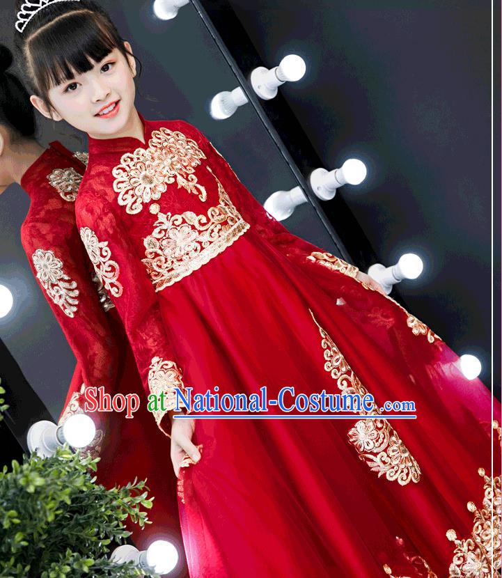 Top Grade Birthday Red Bubble Full Dress Children Compere Costume Stage Show Girls Catwalks Long Dress