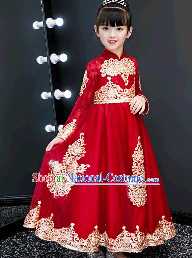 Top Grade Birthday Red Bubble Full Dress Children Compere Costume Stage Show Girls Catwalks Long Dress