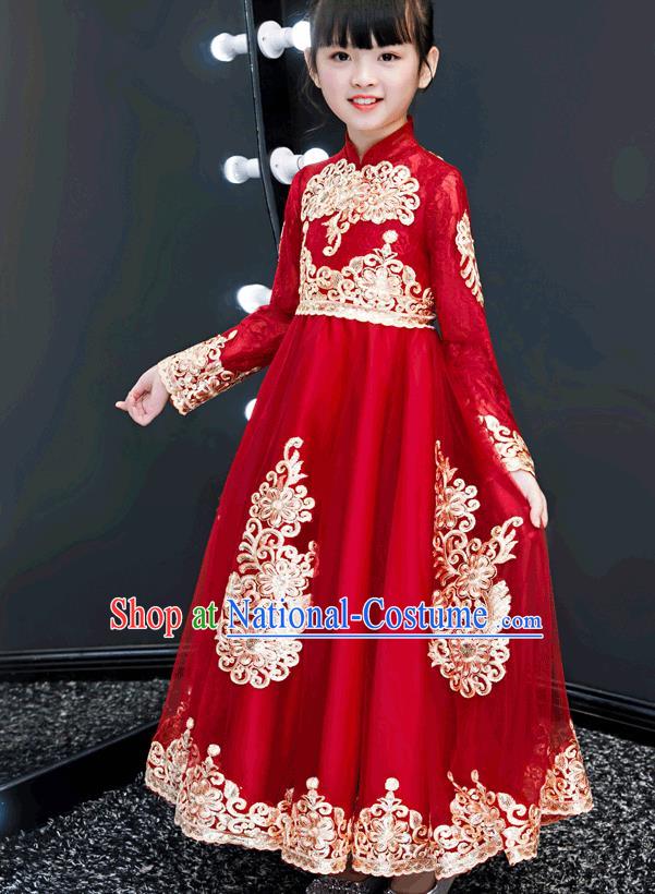 Top Grade Birthday Red Bubble Full Dress Children Compere Costume Stage Show Girls Catwalks Long Dress