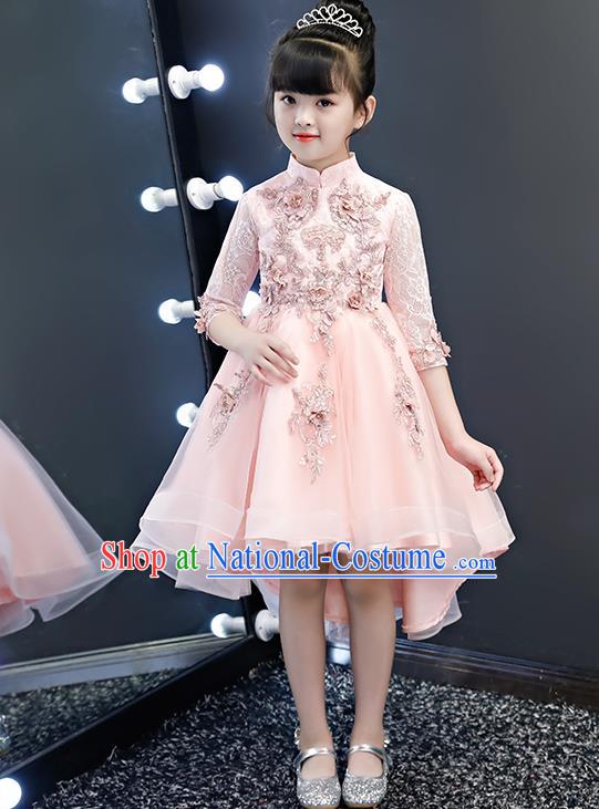 Top Grade Birthday Pink Lace Bubble Full Dress Children Compere Costume Stage Show Girls Catwalks Short Dress