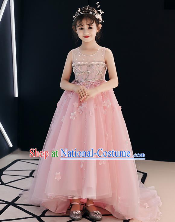 Top Grade Birthday Pink Veil Full Dress Children Compere Costume Stage Show Girls Catwalks Embroidered Beads Dress