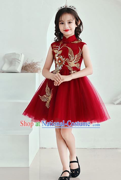 Top Grade Birthday Wine Red Veil Full Dress Children Compere Costume Stage Show Girls Catwalks Short Bubble Dress