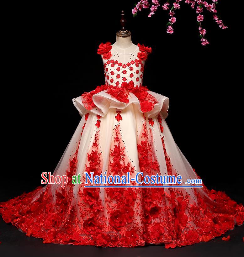 Top Grade Catwalks Trailing Full Dress Children Birthday Costume Stage Show Girls Compere Long Dress