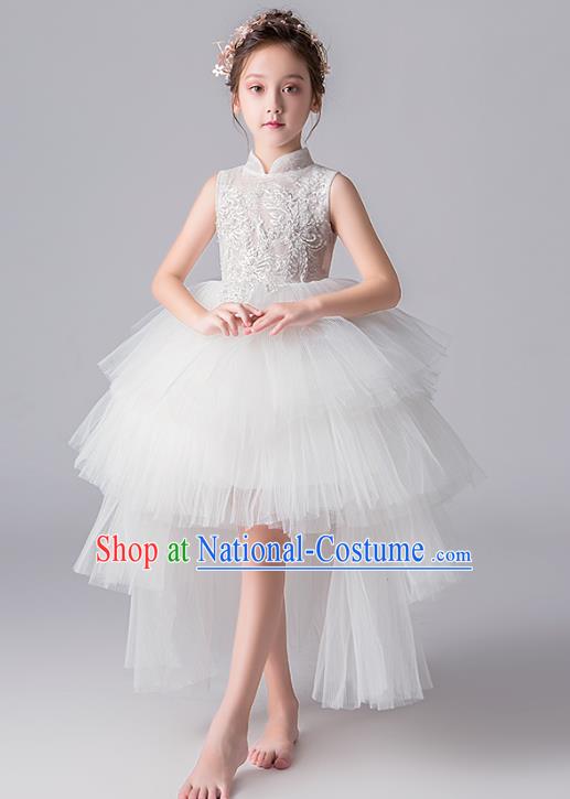 Top Grade Catwalks White Lace Full Dress Children Birthday Costume Stage Show Girls Compere Veil Dress