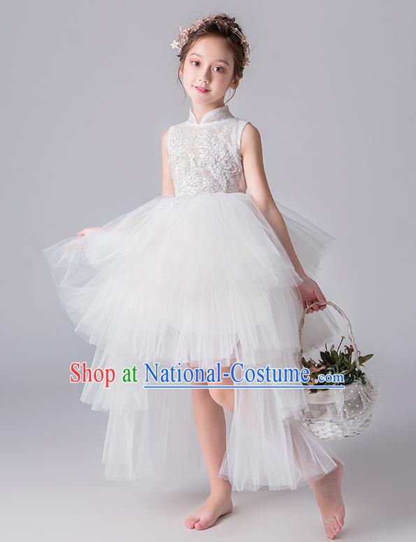 Top Grade Catwalks White Lace Full Dress Children Birthday Costume Stage Show Girls Compere Veil Dress