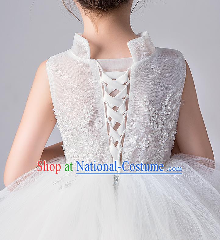 Top Grade Catwalks White Lace Full Dress Children Birthday Costume Stage Show Girls Compere Veil Dress