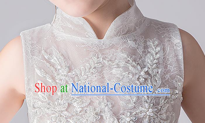 Top Grade Catwalks White Lace Full Dress Children Birthday Costume Stage Show Girls Compere Veil Dress