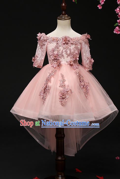 Top Grade Catwalks Pink Lace Full Dress Children Birthday Costume Stage Show Girls Compere Off Shoulder Short Dress