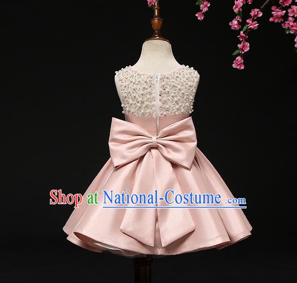 Top Grade Catwalks Pink Satin Full Dress Children Birthday Costume Stage Show Girls Compere Short Dress