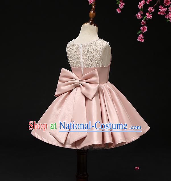 Top Grade Catwalks Pink Satin Full Dress Children Birthday Costume Stage Show Girls Compere Short Dress