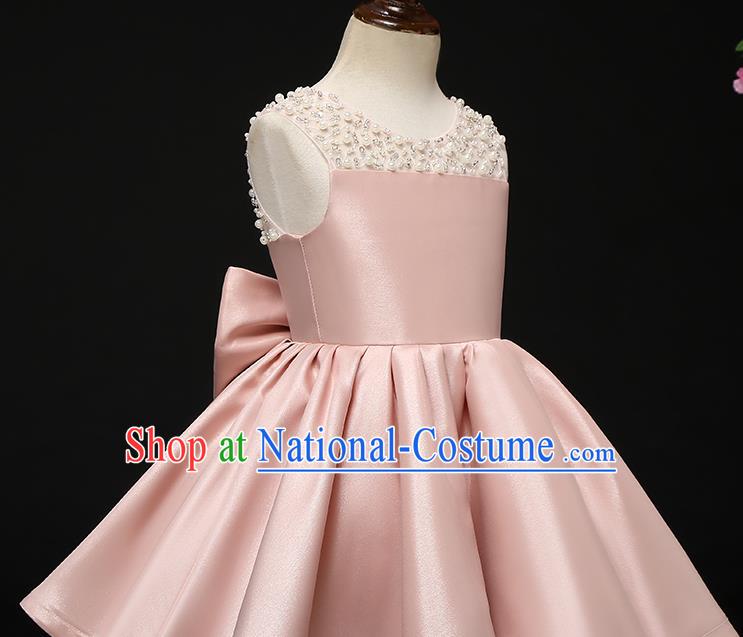 Top Grade Catwalks Pink Satin Full Dress Children Birthday Costume Stage Show Girls Compere Short Dress