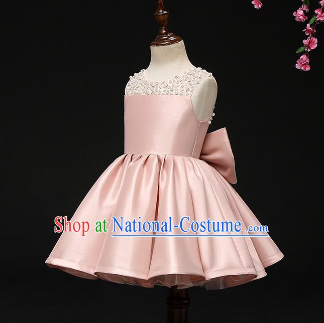 Top Grade Catwalks Pink Satin Full Dress Children Birthday Costume Stage Show Girls Compere Short Dress