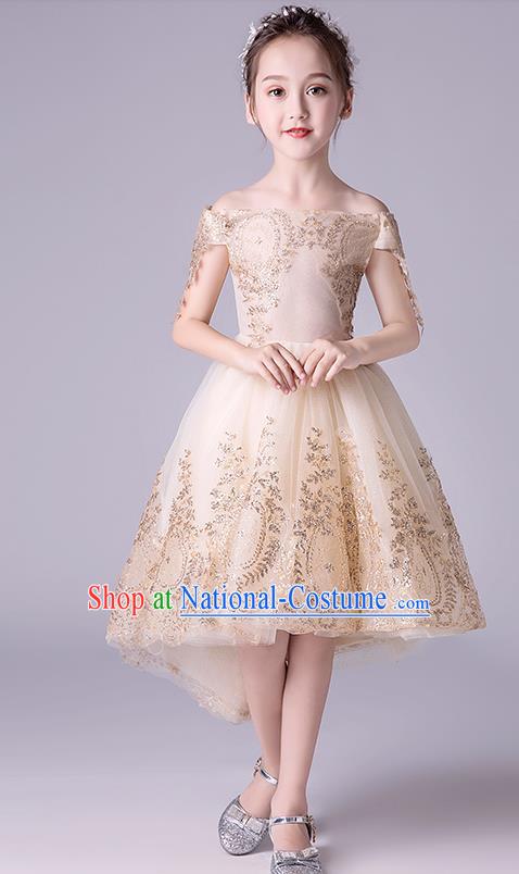 Top Grade Catwalks Champagne Full Dress Children Birthday Costume Stage Show Girls Compere Off Shoulder Dress