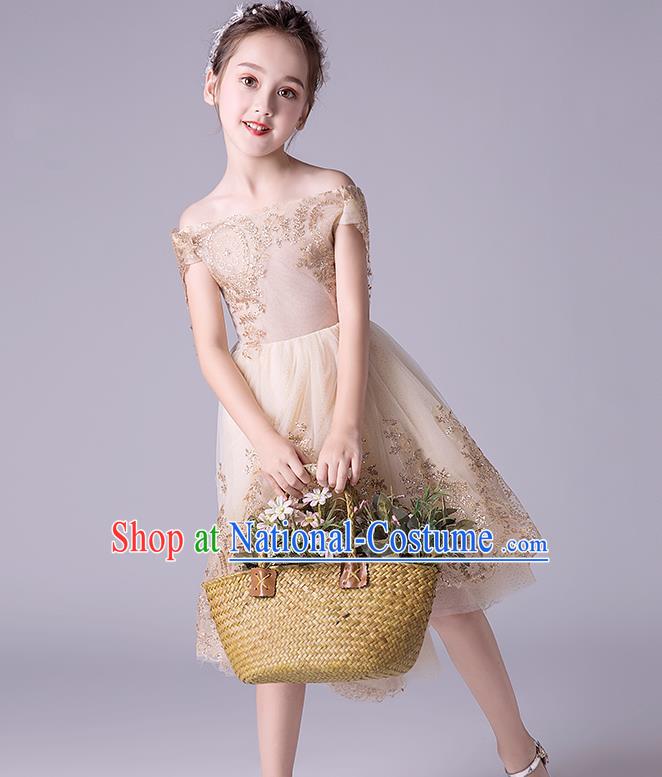 Top Grade Catwalks Champagne Full Dress Children Birthday Costume Stage Show Girls Compere Off Shoulder Dress