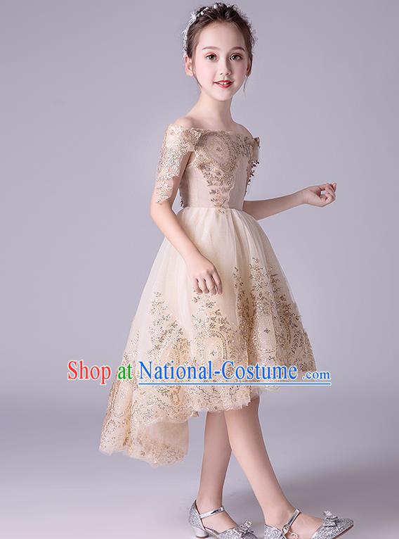 Top Grade Catwalks Champagne Full Dress Children Birthday Costume Stage Show Girls Compere Off Shoulder Dress