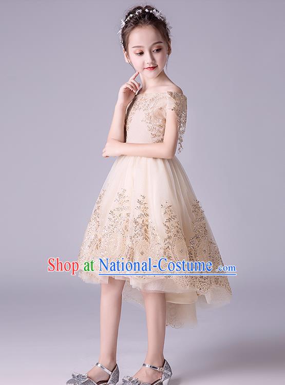 Top Grade Catwalks Champagne Full Dress Children Birthday Costume Stage Show Girls Compere Off Shoulder Dress