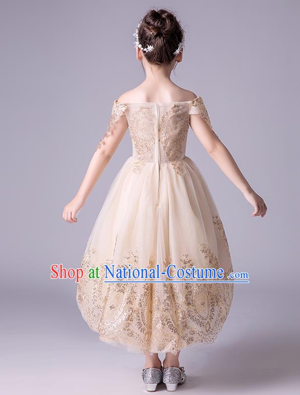 Top Grade Catwalks Champagne Full Dress Children Birthday Costume Stage Show Girls Compere Off Shoulder Dress