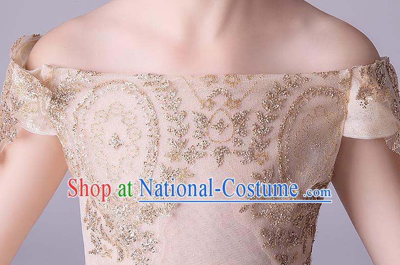 Top Grade Catwalks Champagne Full Dress Children Birthday Costume Stage Show Girls Compere Off Shoulder Dress