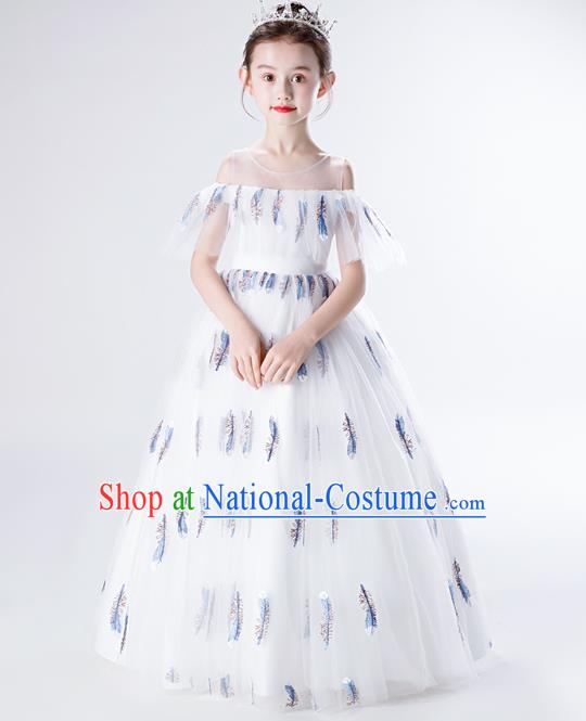 Top Grade Children Compere Costume Stage Show Birthday Full Dress Professional Girls Catwalks White Long Dress