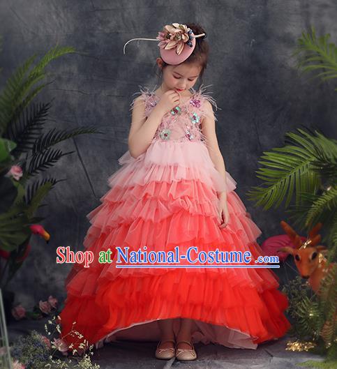 Top Grade Catwalks Pink Feather Full Dress Children Birthday Costume Stage Show Girls Compere Layered Dress