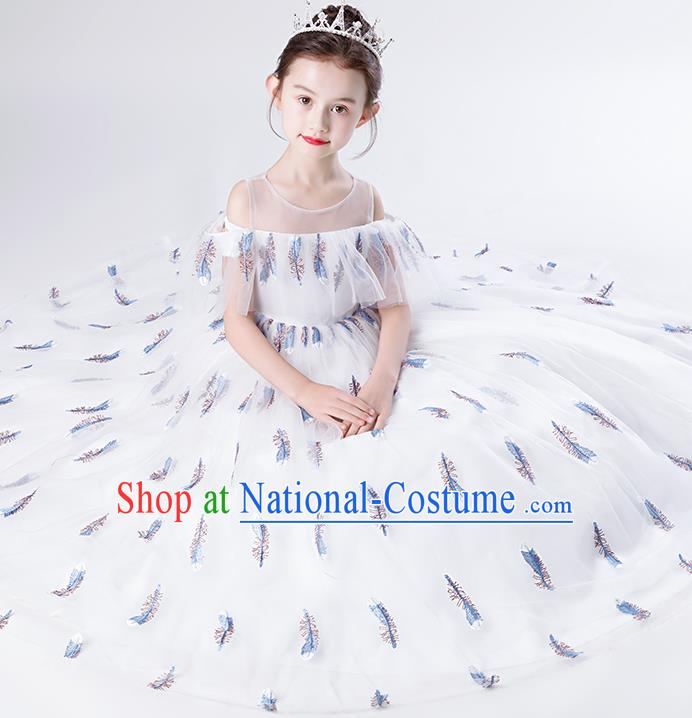 Top Grade Children Compere Costume Stage Show Birthday Full Dress Professional Girls Catwalks White Long Dress