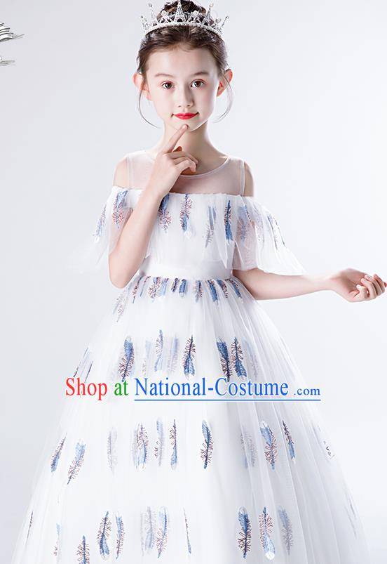 Top Grade Children Compere Costume Stage Show Birthday Full Dress Professional Girls Catwalks White Long Dress