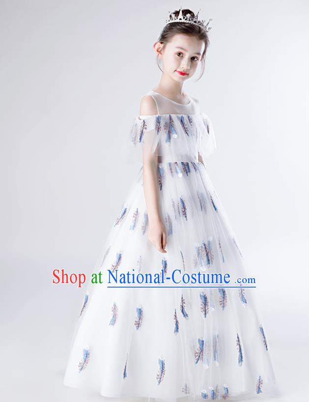 Top Grade Children Compere Costume Stage Show Birthday Full Dress Professional Girls Catwalks White Long Dress