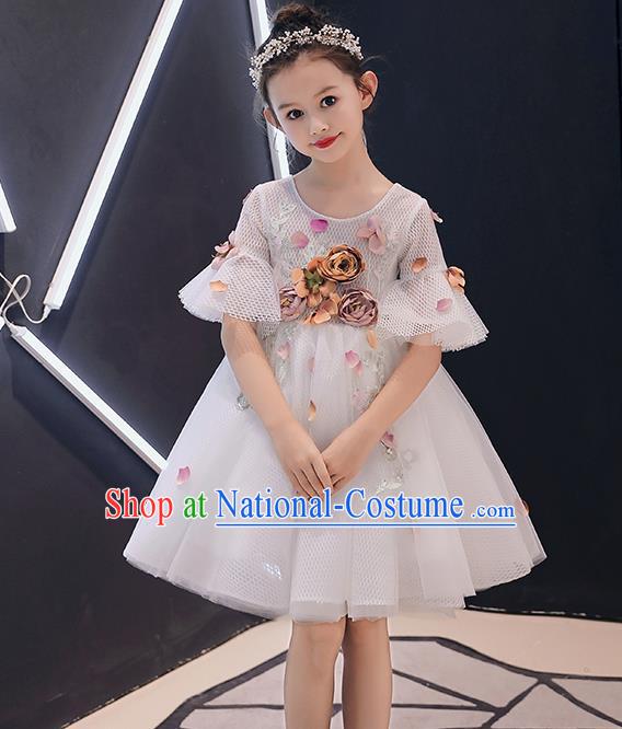 Top Grade Birthday Short Full Dress Children Compere Costume Stage Show Girls Catwalks Grey Veil Dress