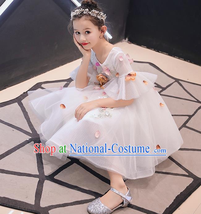 Top Grade Birthday Short Full Dress Children Compere Costume Stage Show Girls Catwalks Grey Veil Dress