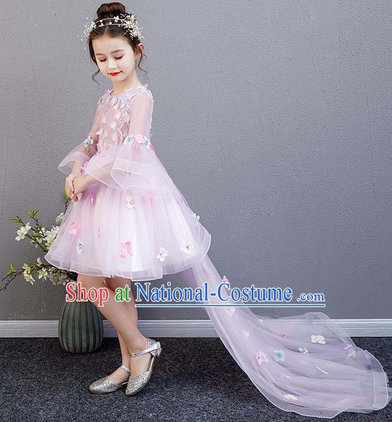 Top Grade Birthday Trailing Full Dress Children Compere Costume Stage Show Girls Catwalks Pink Veil Dress