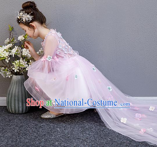 Top Grade Birthday Trailing Full Dress Children Compere Costume Stage Show Girls Catwalks Pink Veil Dress