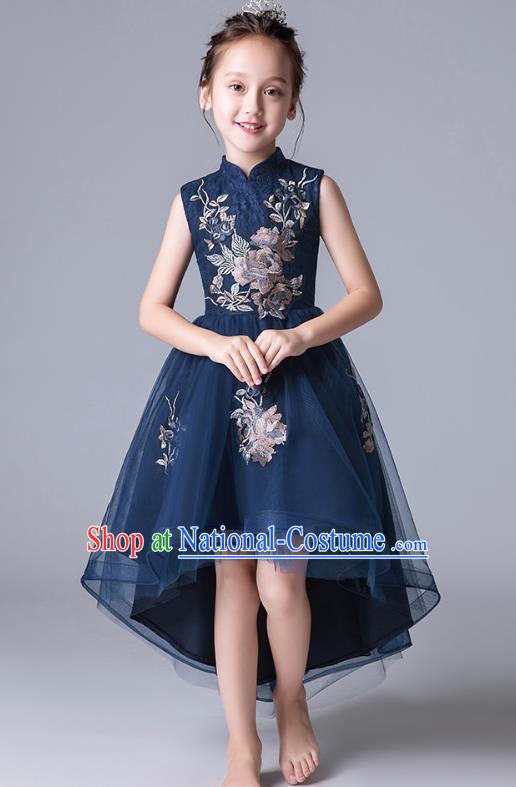 Top Grade Catwalks Navy Lace Full Dress Children Birthday Costume Stage Show Girls Compere Bubble Dress