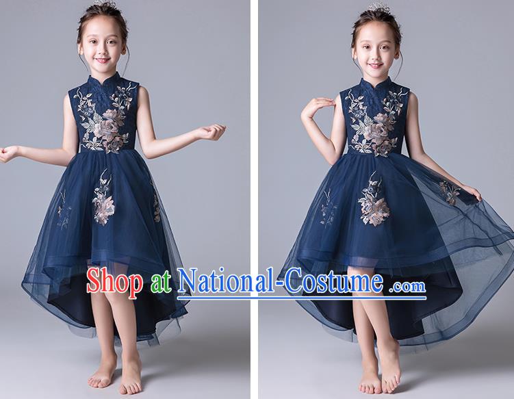 Top Grade Catwalks Navy Lace Full Dress Children Birthday Costume Stage Show Girls Compere Bubble Dress