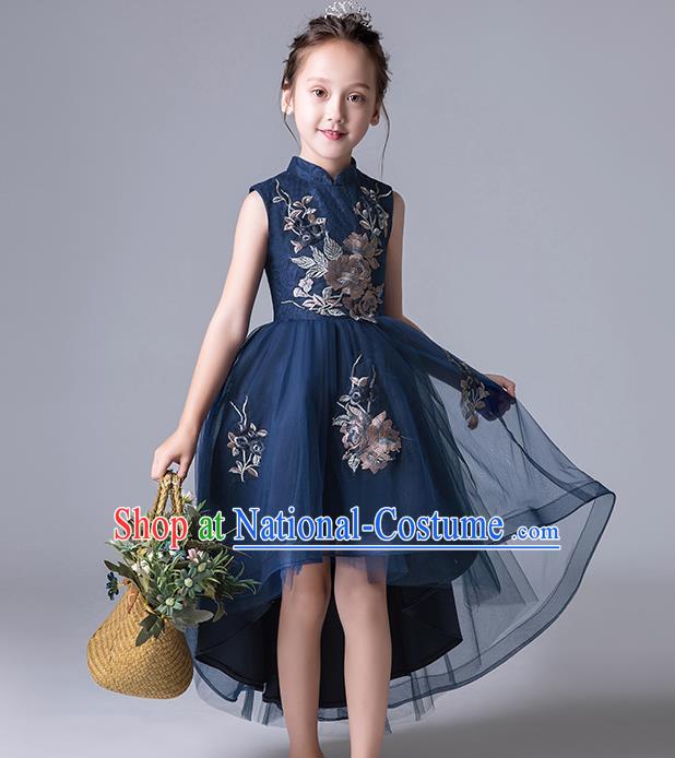 Top Grade Catwalks Navy Lace Full Dress Children Birthday Costume Stage Show Girls Compere Bubble Dress